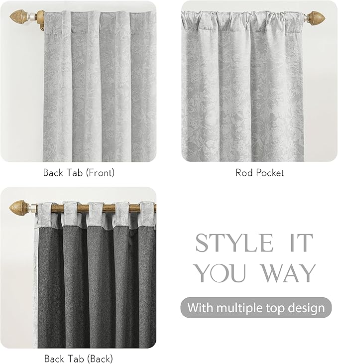 Beauoop Grey Floral Jacquard Blackout Curtains 84 Inches Long 2 Panels - Image 5