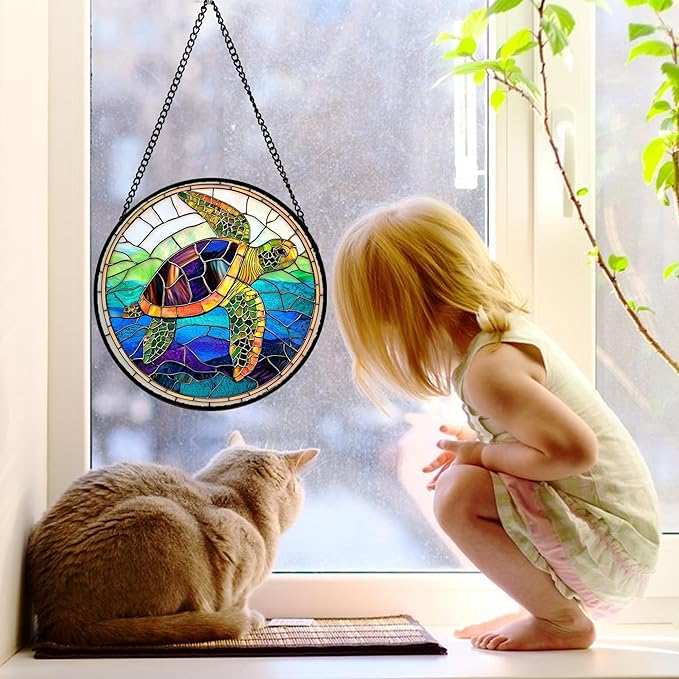 DASTOLL Stained Glass Window Hanging, Colored Turtle Ocean Suncatcher Diamond - Image 3