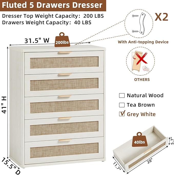 LEYAOYAO Rattan Dresser for Bedroom Set 2, Modern 5 Drawers Boho Dressers - Image 3
