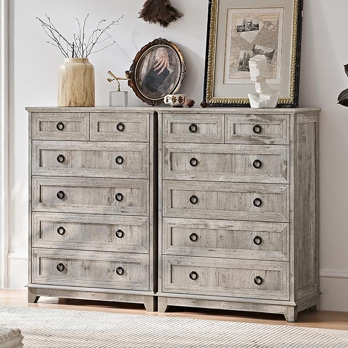 Farmhouse 6 Drawer Dresser for Bedroom Set of 2, Rustic Wood Dresser by Joaxswe