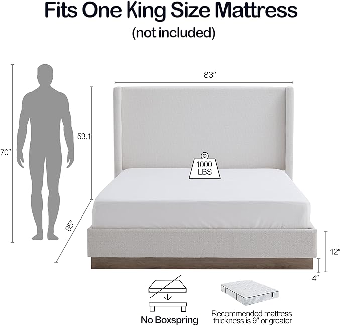 King Size Upholstered Platform Bed Frame, 53.1" Tall Headboard Hosford Wingback - Image 2