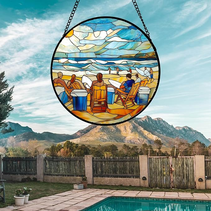AMDERVEN Stained Glass Window Hanging 4 Pcs Set Blue Ocean Surfing Beach 9.8" - Image 5