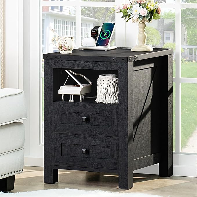 Joaxswe Nightstand with Charging Station, Farmhouse Night Stand with 2 Drawers by Joaxswe