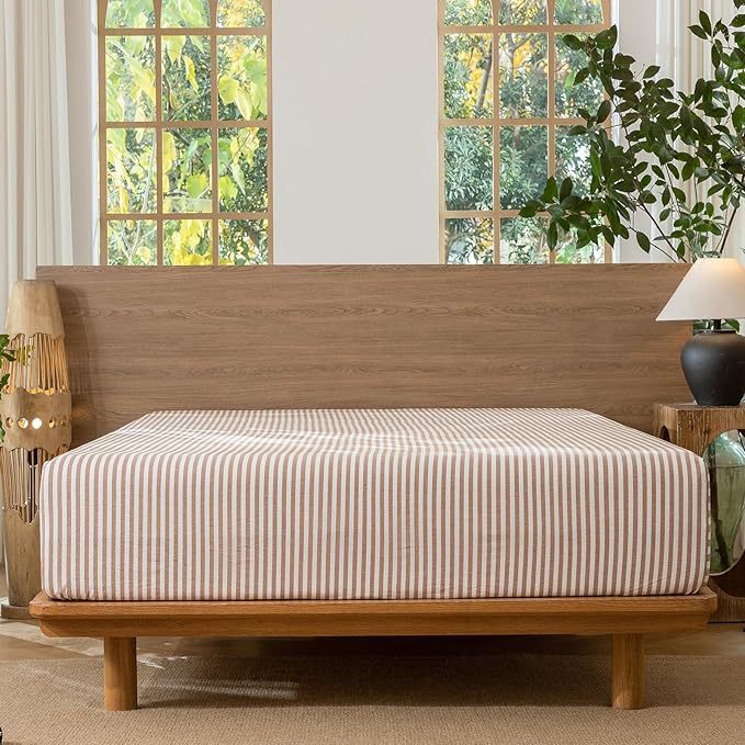 MooMee Striped Fitted Bottom Sheet Only 100% Washed Cotton Linen Like Textured - Image 2