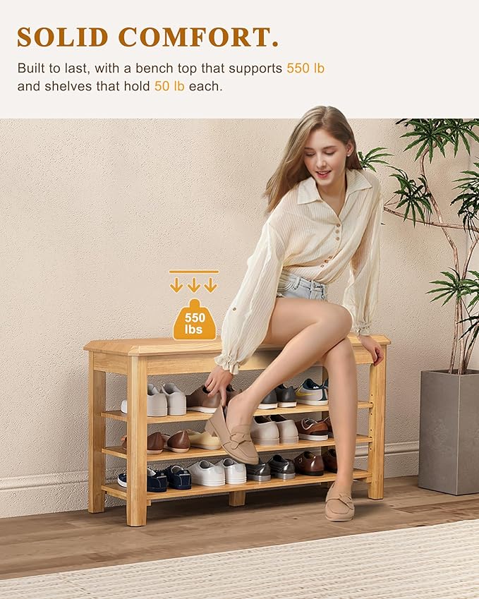 Shoe Rack Bench Seat Rubberwood 3-Tier Wooden Storage Bench 550lbs Compact - Image 4