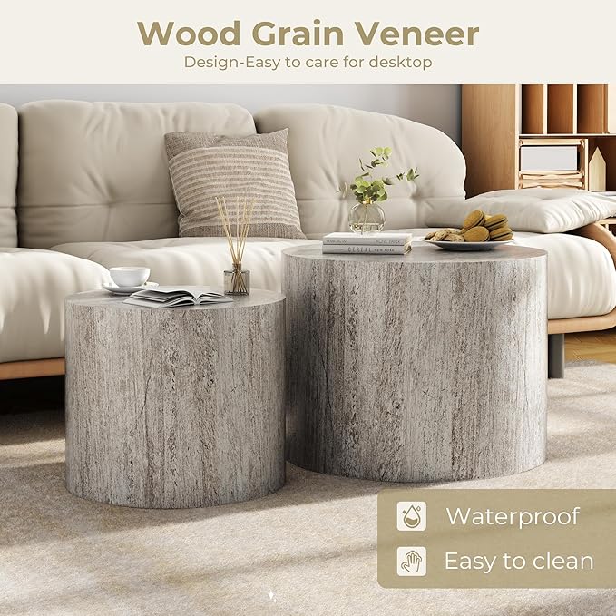 Nesting Coffee Table Set of 2, Round Dark Gray Nesting Table Modern Circle - Image 4