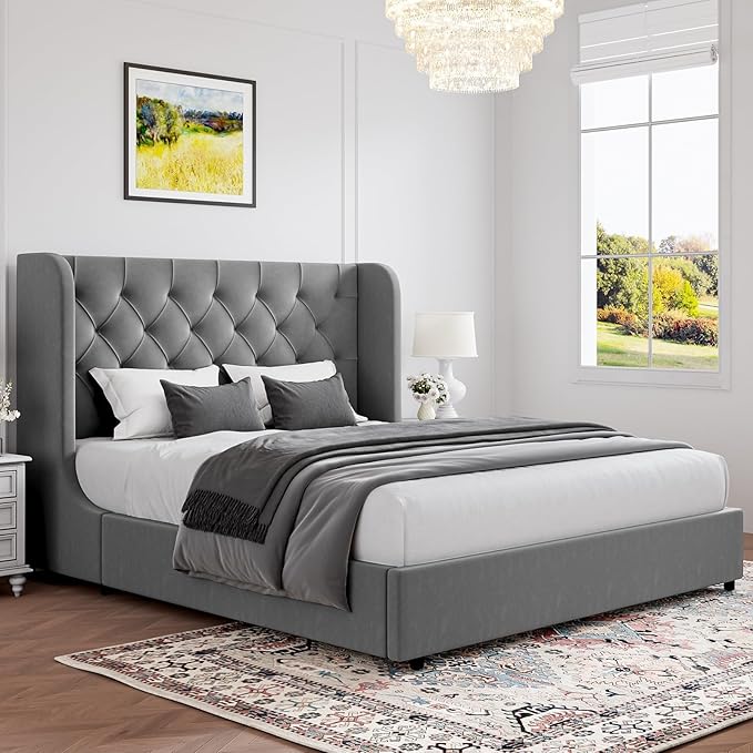 HOMBCK Grey Queen Bed Frame, Velvet Upholstered Platform Bed Frame by HOMBCK