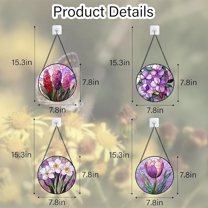 DASTOLL Stained Glass Window Hanging 4 Pcs Set Purple Flower Theme 7.8" - Image 6