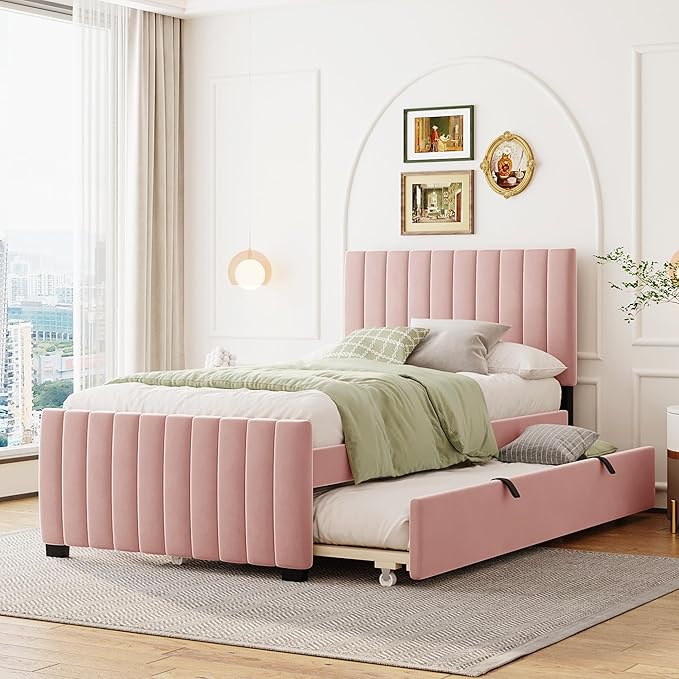 Twin Size Bed Frame with Trundle Bed, Velvet Upholstered Bed Frame, Twin Size by Bellemave