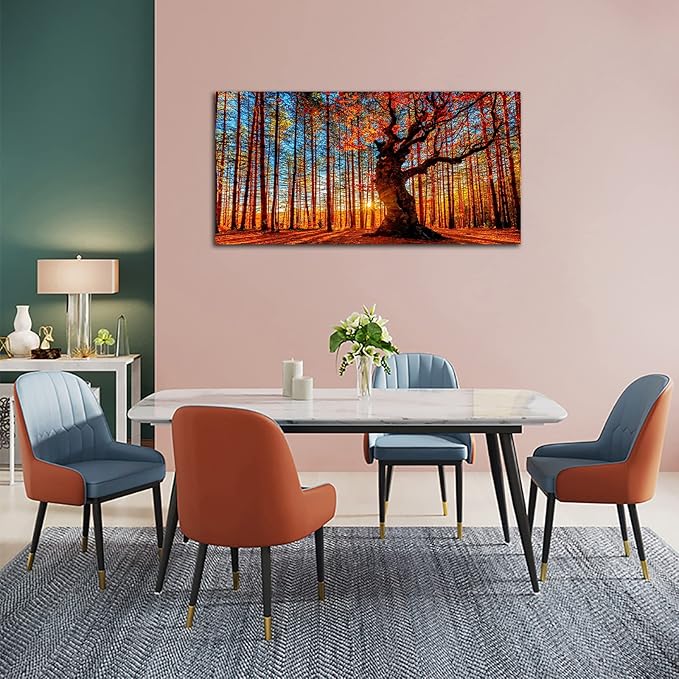 Large Forest Wall Art Forest Sunset Canvas Pictures Red Leaf Trees Landscape - Image 5