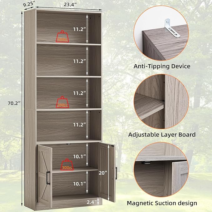 70in Tall Bookshelf 6 Tier Bookcase - Image 2