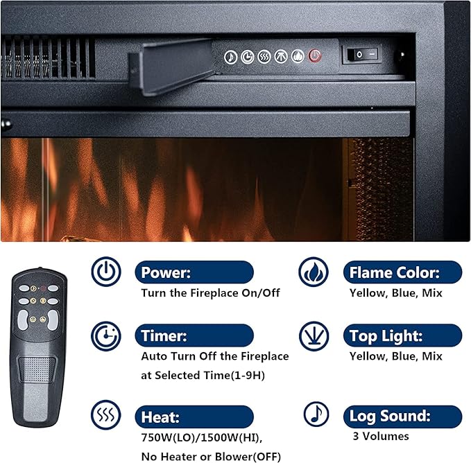 25.4 Inches Electric Fireplace Insert, 750W/1500W Fireplace Heater - Image 2
