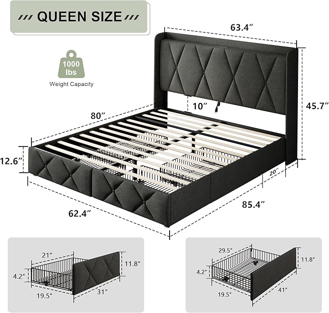 Feonase Queen Bed Frame with 4 Storage Drawers, Upholstered Button Tufted - Image 2