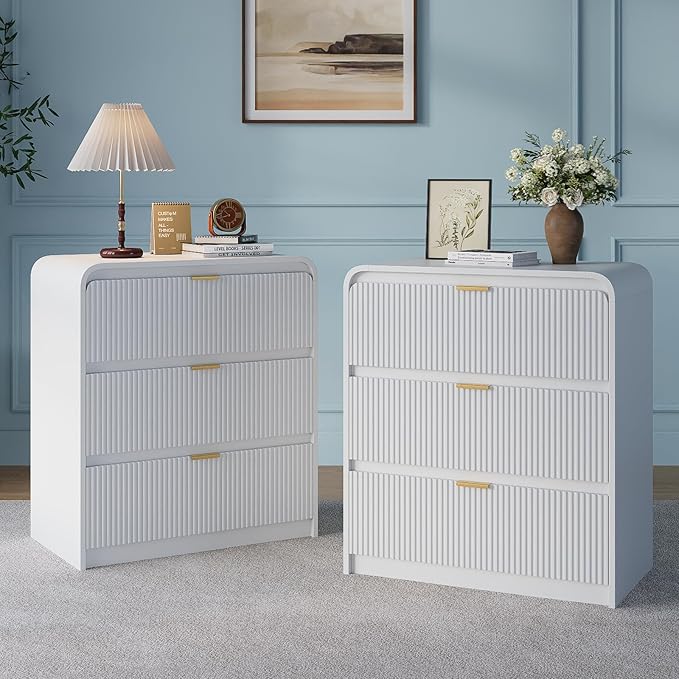 FURSUN 32" Tall Fluted Nightstand Set of 2, 3 Drawers Wooden End Table w/Storage by FURSUN