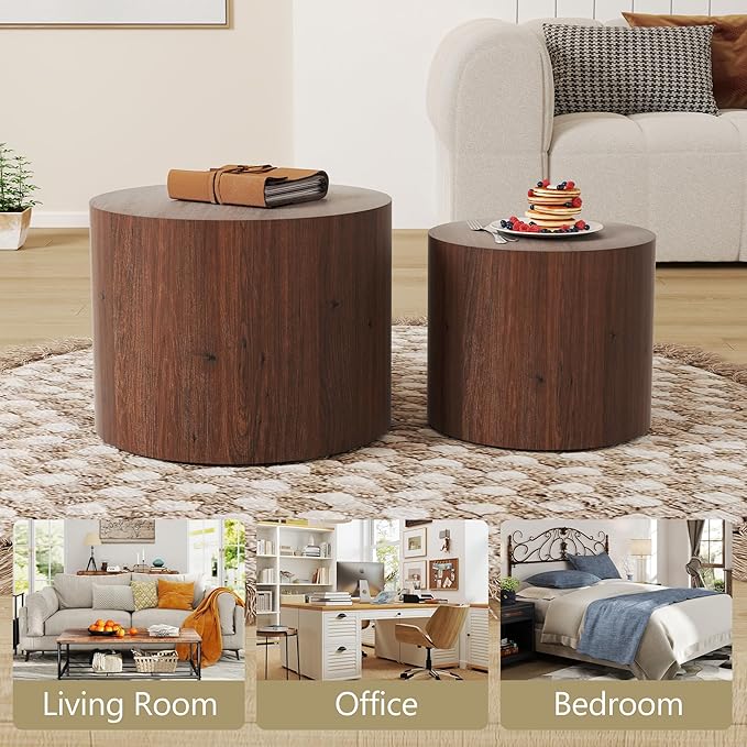Nesting Coffee Table Set of 2, Round Walnut Wooden Coffee Tables Modern Circle - Image 6