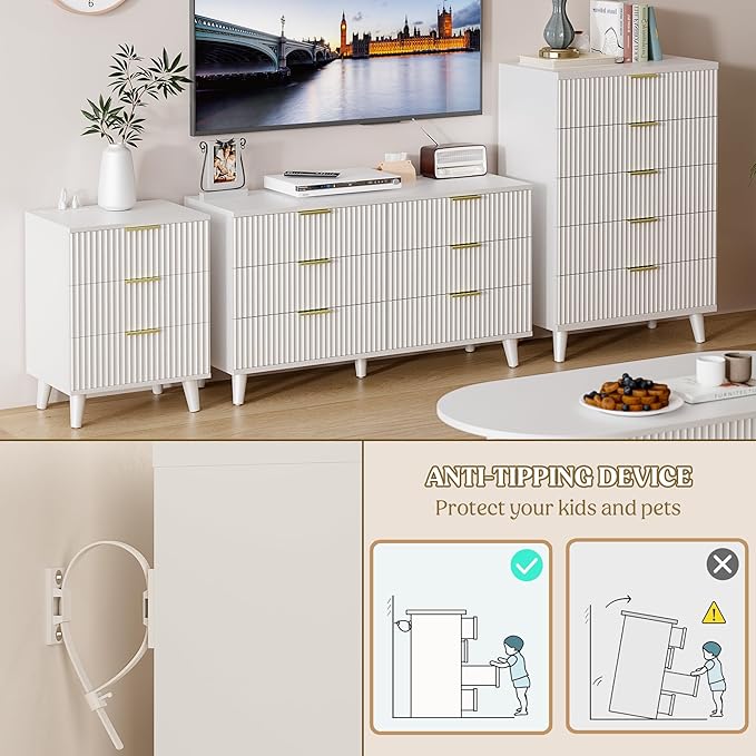 Lulive White Dresser for Bedroom Wood Tall Dressers Drawers, Fluted Modern - Image 8