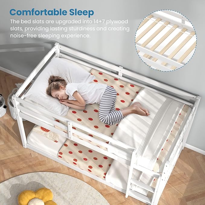 KOMFOTT Low Bunk Bed Twin Over Twin, Solid Wood Bunk Bed Frame - Image 4