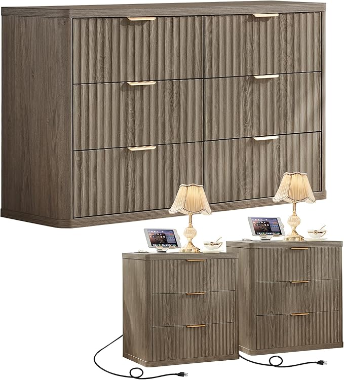 LEYAOYAO 48" Wide Fluted Dresser and 3 Drawers 23" Nightstand Set of 2 by LEYAOYAO-Findtheshiningpointofyourideallife%EF%BC%81
