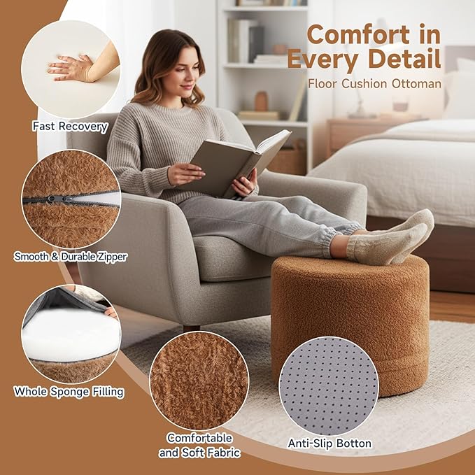 Tiita Pouf Ottoman and Foot Rest, Round Foam Stuffed Floor Pouf - Image 4
