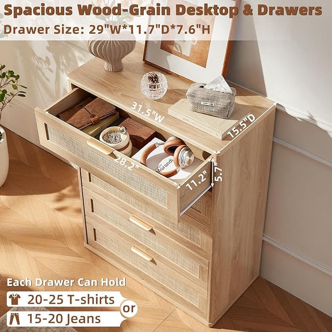 LEYAOYAO Rattan Dresser for Bedroom, Modern 5 Drawers Boho Dressers - Image 5