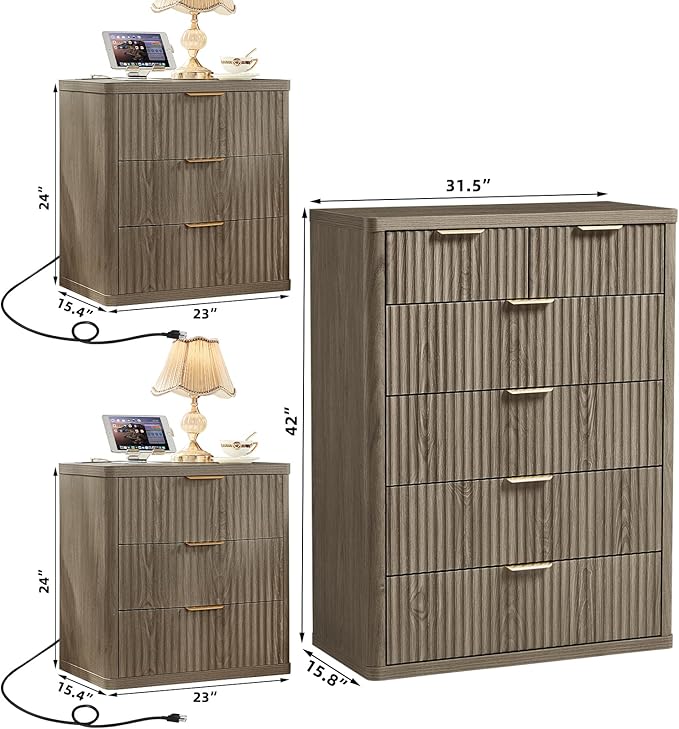 LEYAOYAO 42" Tall Fluted Dresser and 3 Drawers 23" Nightstand Set of 2 - Image 3