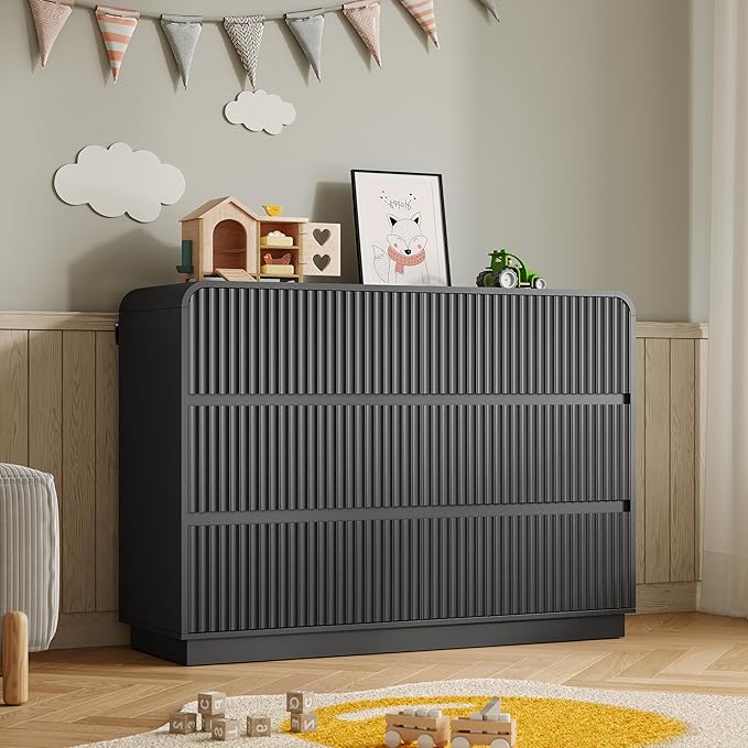 Dresser for Bedroom with 6 Drawers, Fluted Chest of Drawers with Round Curved by BORNOON