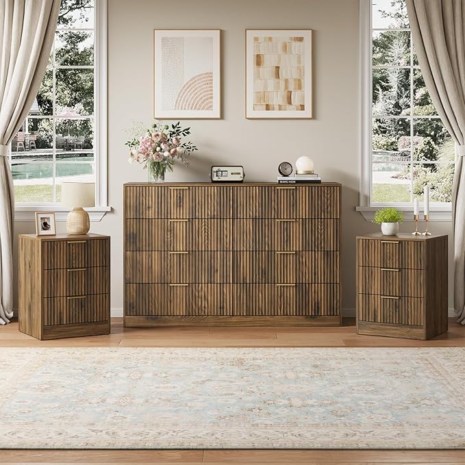 8 Drawer Dresser & 3 Drawer Nightstand Set 3-Piece, Tall Fluted Dresser and by NOVAMAISON