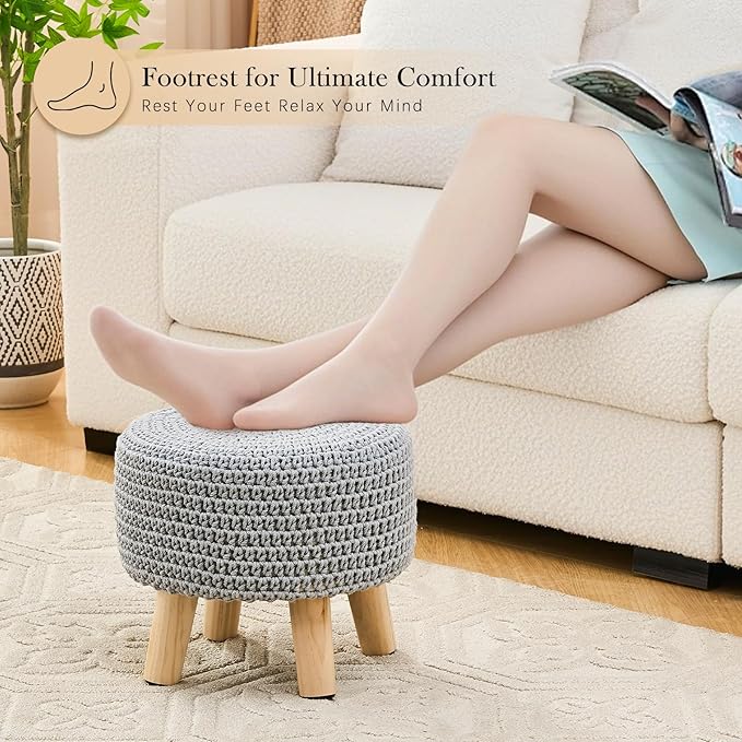 LGENHOOM Boho Ottoman Foot Stool Cotton Knitted Round Pouf Ottoman Foot Rest - Image 5