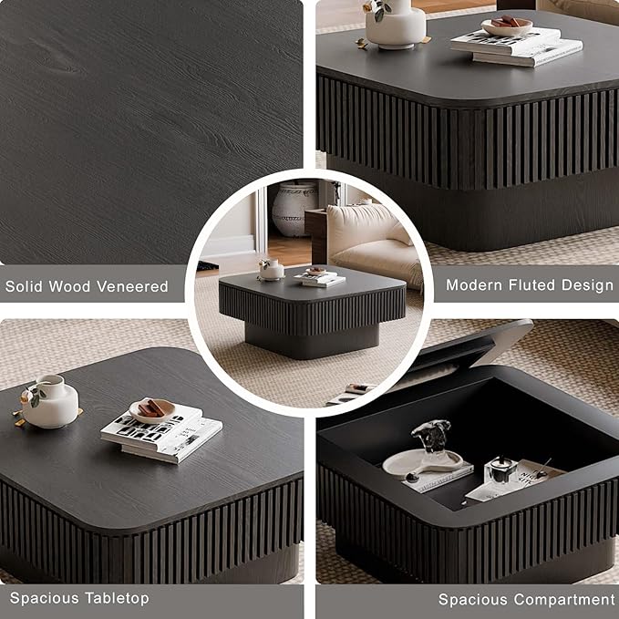 Square Small Coffee Table with Storage, Modern Wooden Coffee Table with Solid - Image 4