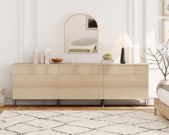 WAMPAT 94.5" W Fluted Dresser for Bedroom, Modern 9 Drawer Dresser TV Stand by WAMPAT
