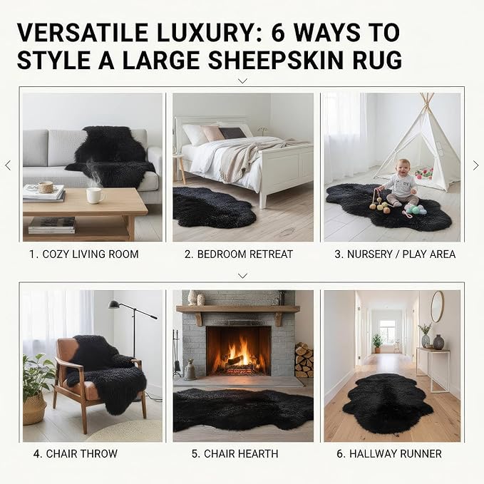 Black Sheepskin Rug 4x6 ft, Genuine Quad Pelt Fluffy Fur Area Rug - Image 6