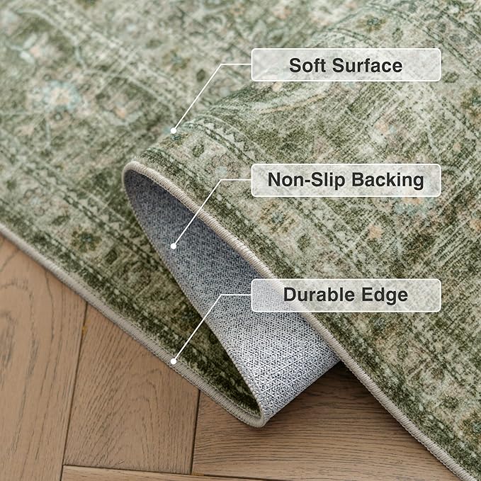 FMFUNCTEX 5x7 Washable Area Rug Green Neutral Vintage Distressed Non Slip Low - Image 4