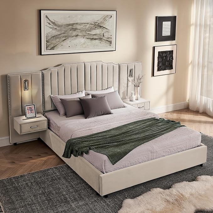 Luxury Queen Bed Frame with Headboard and Storage, Velvet Fabric Upholstered by Firscook