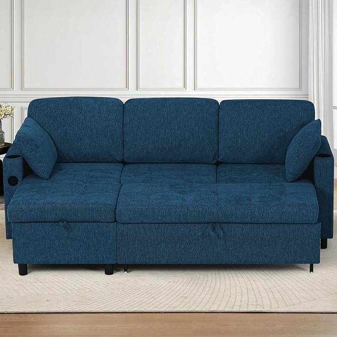 84" Chenille Pull Out Sofa Bed w/Adjustable Backrest, L-Shape Modern Sleeper - Image 2