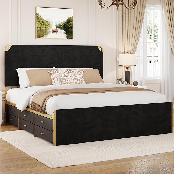 King Size Bed Frame with 12 Storage Drawers and Headboard, Metal Platform - Image 7