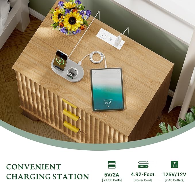 Fluted Nightstand with Charging Station, Modern Wood Side Table Night Stand - Image 4
