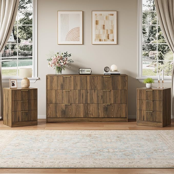 Walnut Dresser & Nightstand Set 3-Piece, 6 Drawer Dresser and Night Stand Set by NOVAMAISON