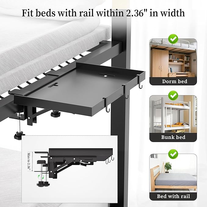 Foldable Bedside Shelf, Metal Clip-On Bed Tray Table - Image 4