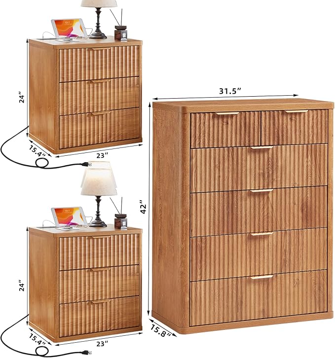 LEYAOYAO 42" Tall Fluted Dresser and 3 Drawers 23" Nightstand Set of 2 - Image 3