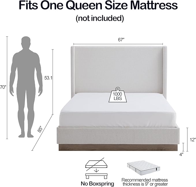 Queen Size Upholstered Bed Frame, Wood Base Floor Platform Beds, No Box Spring - Image 2