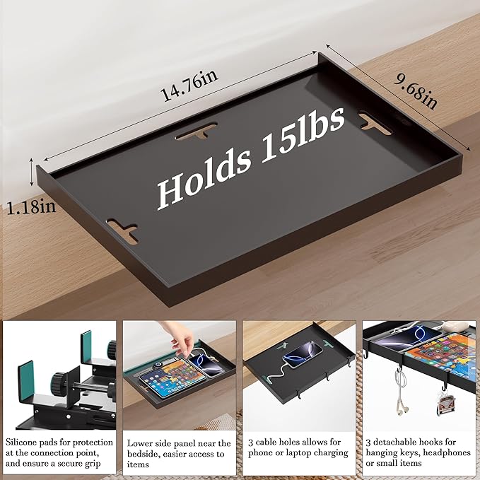Foldable Bedside Shelf, Metal Clip-On Bed Tray Table - Image 5