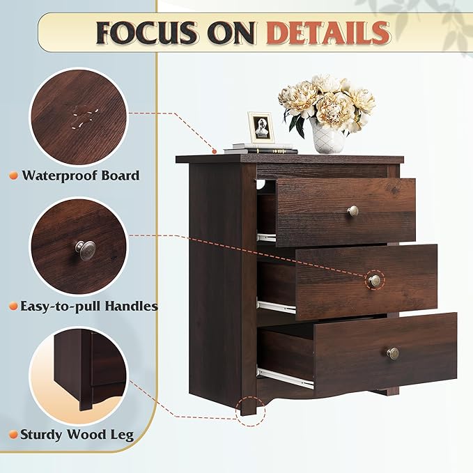 WLIVE Tall Nightstand with Charging Station, Wood Night Stand with 3 Drawers - Image 6