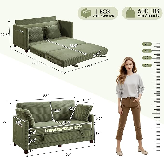 65" Loveseat Sleeper Sofa Bed, Corduroy Convertible Sofa Bed - Image 2