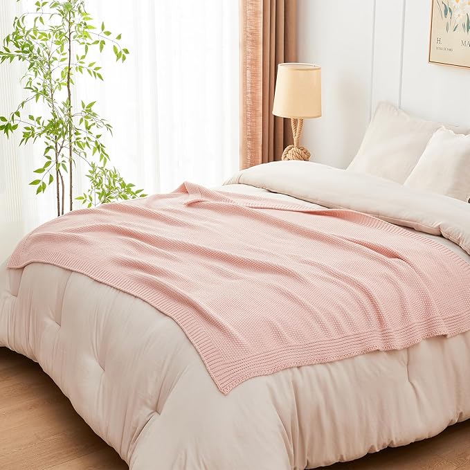 CozeCube Pink Throw Blanket for Couch, Soft Cozy Cable Knit Throw for Bed Sofa - Image 7