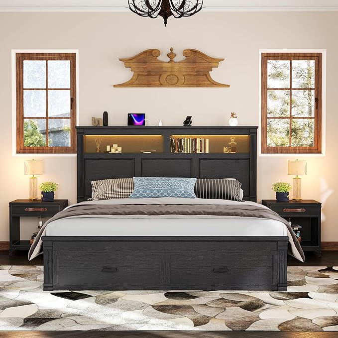 53" Tall Queen Bed Frame with Headboard and Storage, 2 Drawers and LED Built in - Image 8