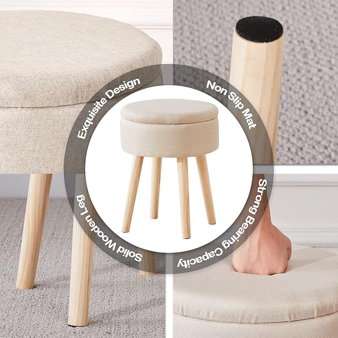 Mxfurhawa Storage Ottoman Linen Round Vanity Stool Tray Top Modern Foot Stool - Image 7