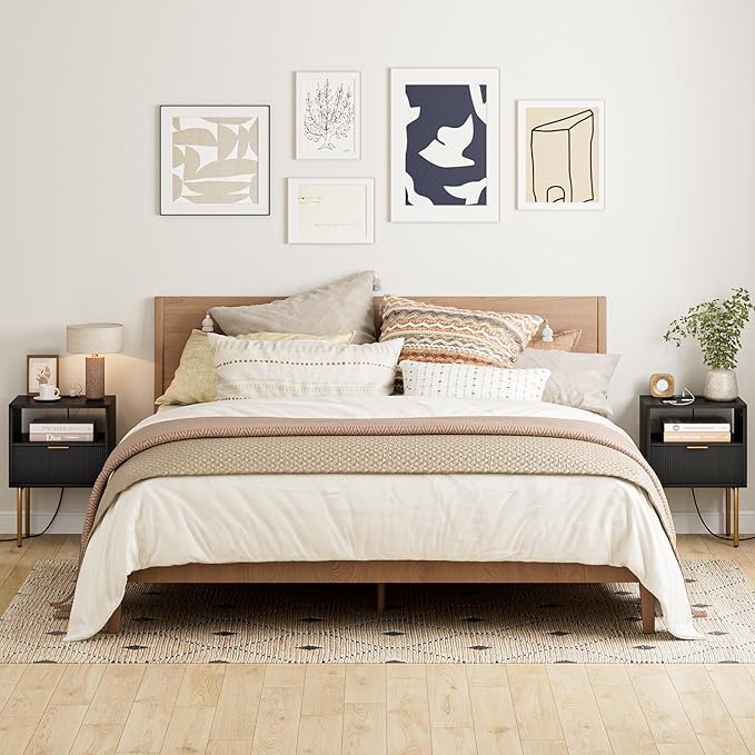 Masupu Nightstand with Charging Station, Mid-Century Modern Bedside Table with - Image 9