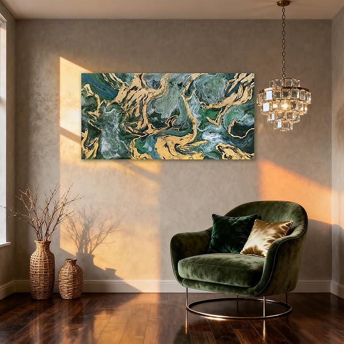 YETHEN WAL Emerald Green Abstract Wall Art Fluid Canvas Wall Decor Modern Art - Image 6
