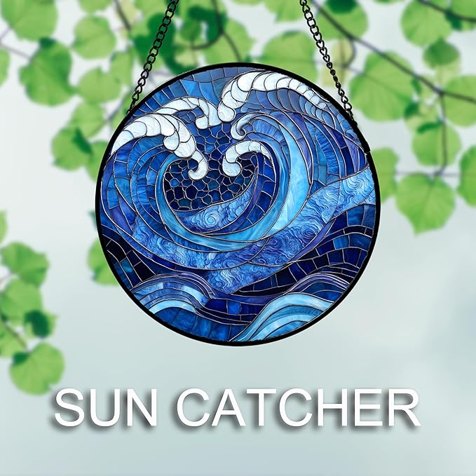 DASTOLL Stained Glass Window Hanging 4 Pcs Set Blue Ocean Waves 7.8" - Image 5