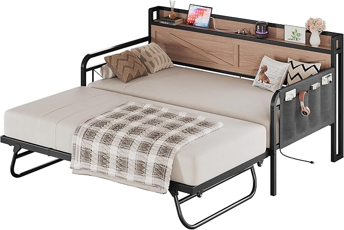 LIKIMIO Twin Daybed with Trundle Bed, Storage Headboard with Charging Station by LIKIMIO